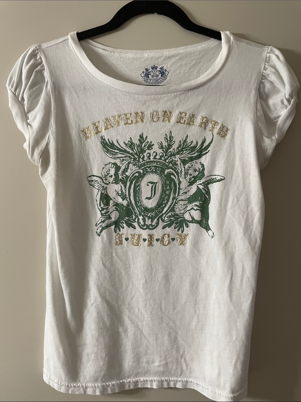 Juicy Couture Angel Tee with Green Crest and Gold Lettering Size M
